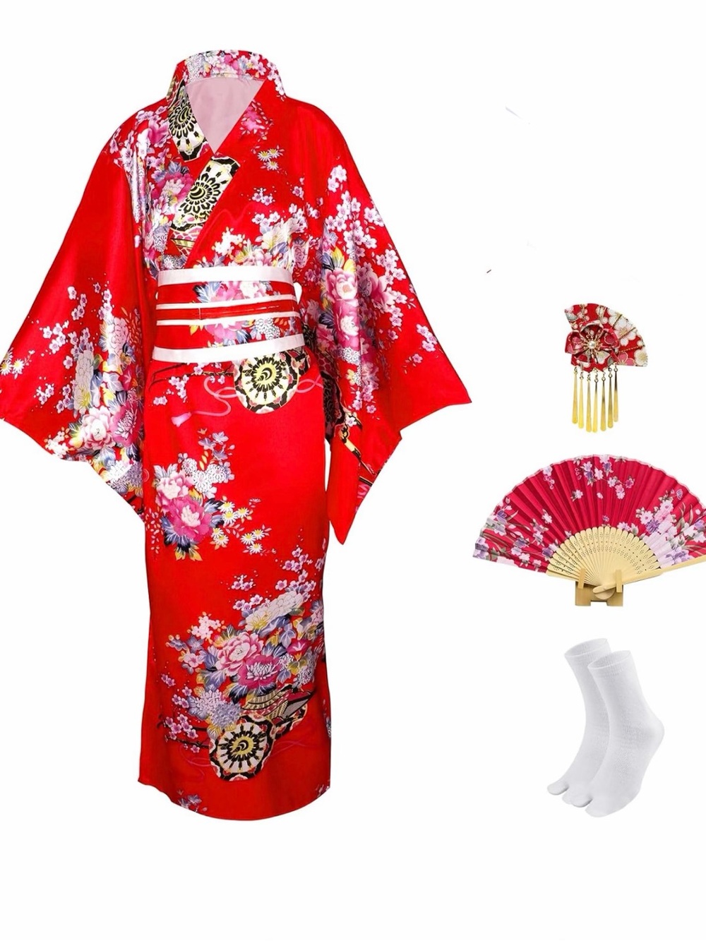 Red Floral Kimono Robe with Obi Belt and Fan Accessories
